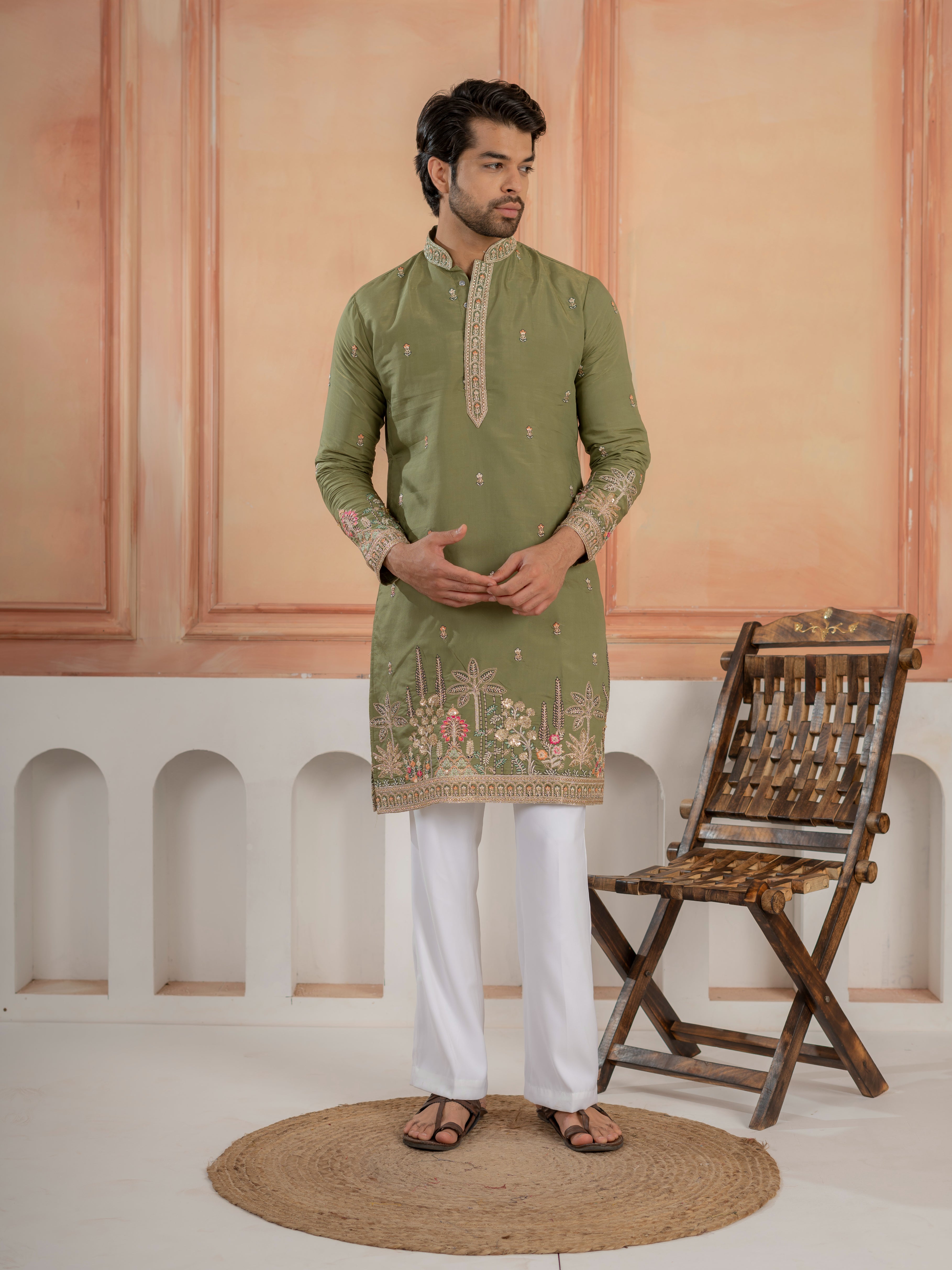 Designer Green Multi Colour Embroidery Golden Sequence Work Kurta Set