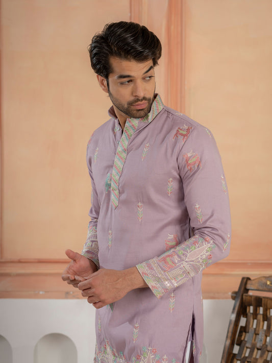 Premium Lavender Soft Silk Embroidered Kurta For Mens