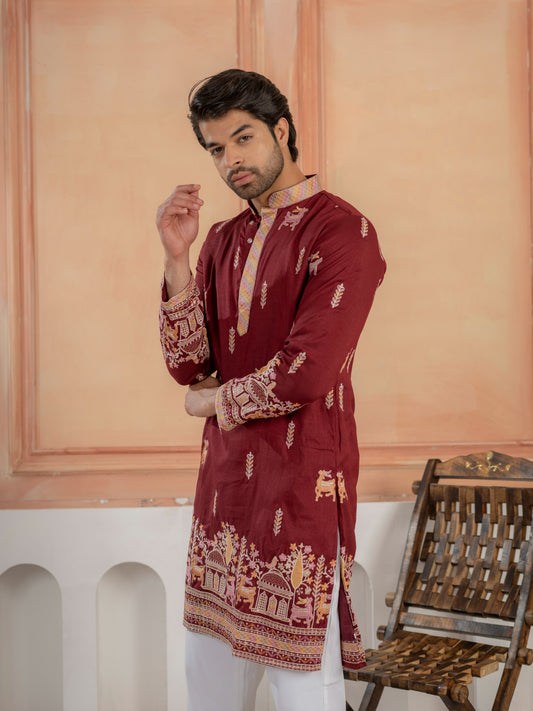 Partywear Maroon Silk Embroidered Work Kurta Set For Mens