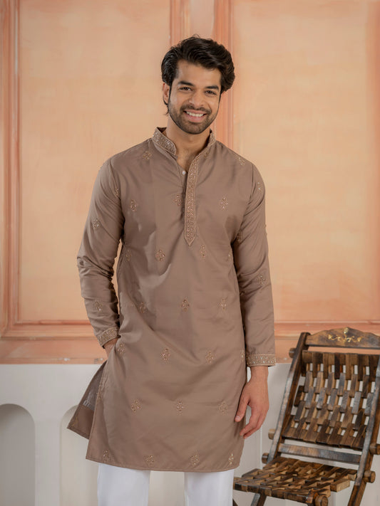 Modern Dusty Brown Soft Cotton Kurta Set with Butta Embroidery