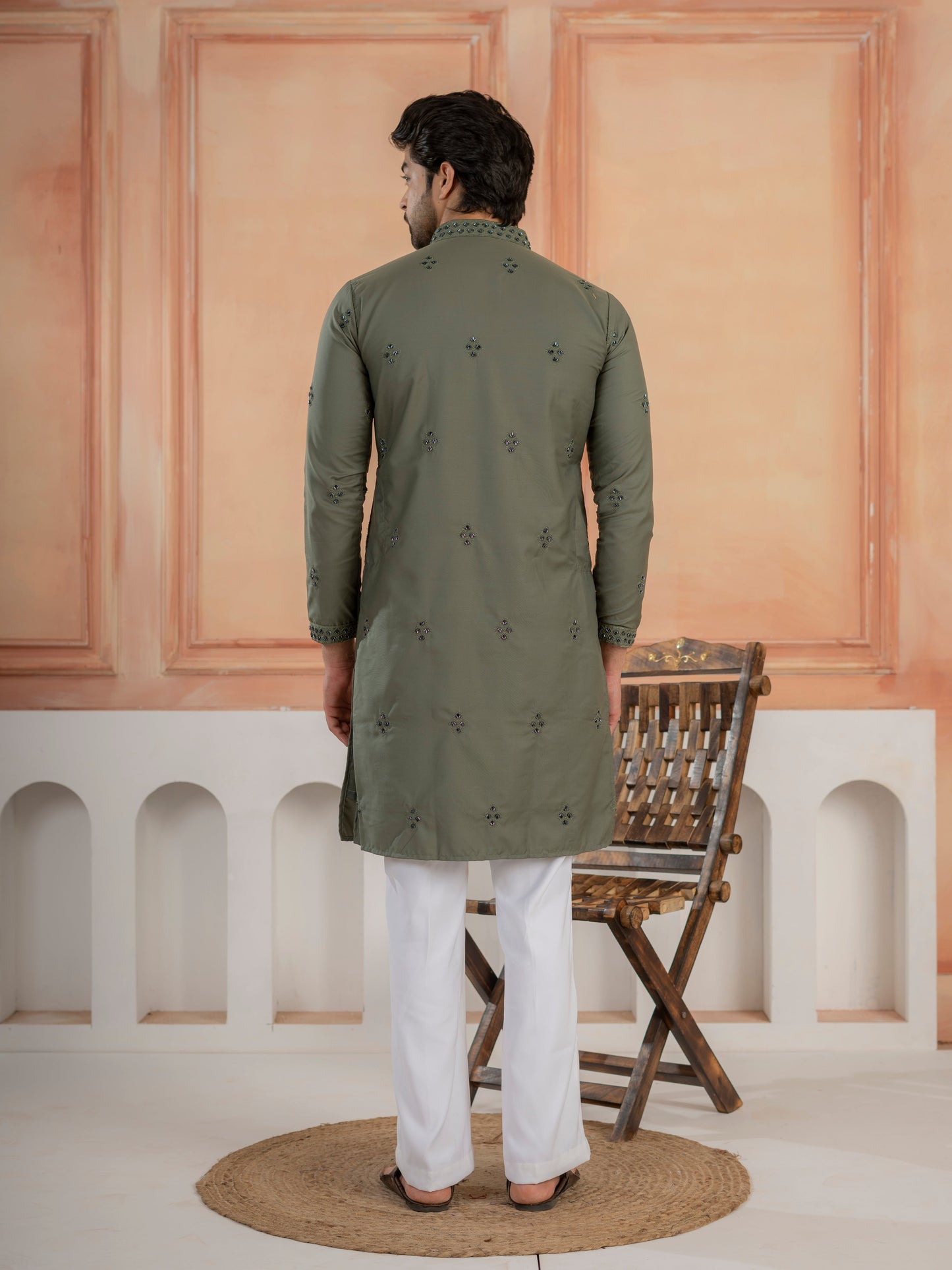 Olive Green Cotton Featuring Val-Moti Butta Work Kurta Set