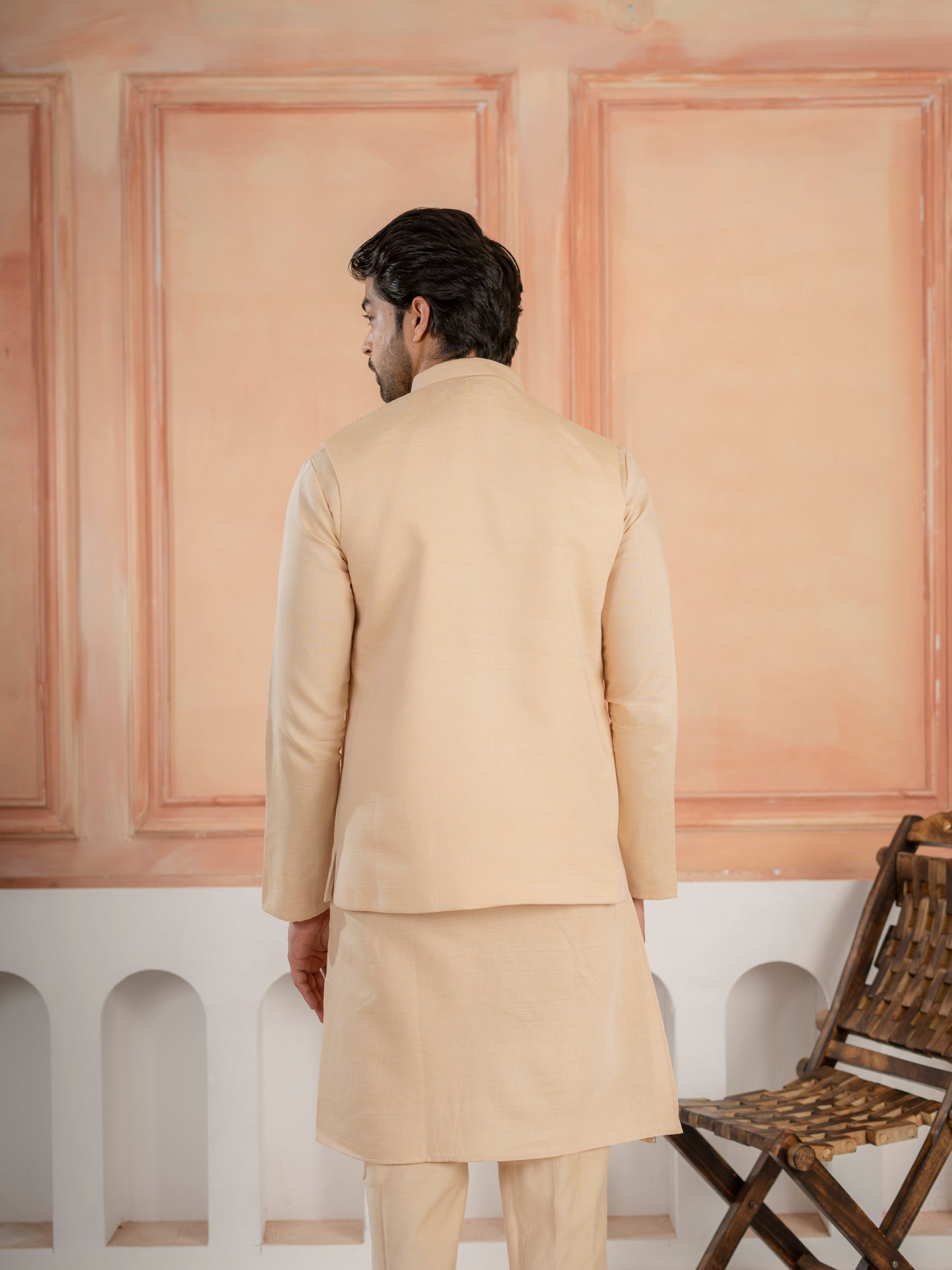 Trendy Beige Wedding Special Koti Kurta Set for Mens Wear