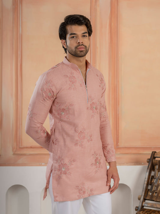 Premium Pink Linen Embroidered Kurta Set For Men