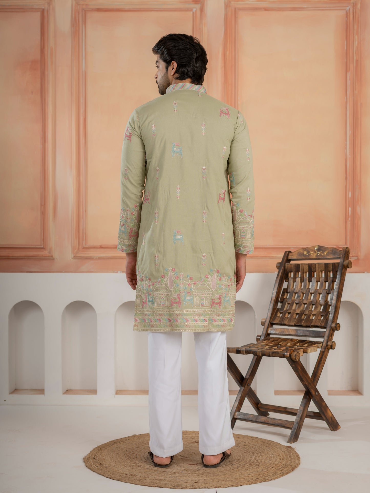 Pista Silk Multi Thread Embroidery Kurta For Ethnic Wear