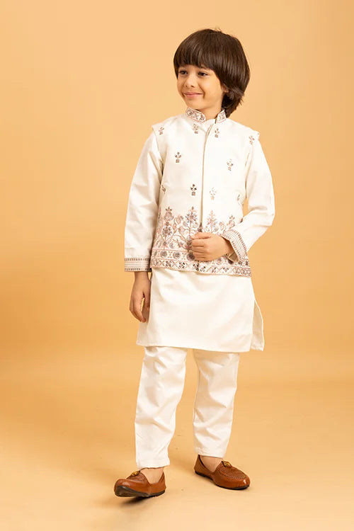 Premium White Mirror Work Koti Kurta Set for Boys