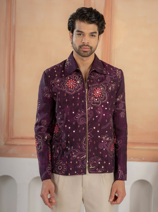 Modern Purple Khadi Silk Thread & Mirror Work Bomber Jacket Pant Set