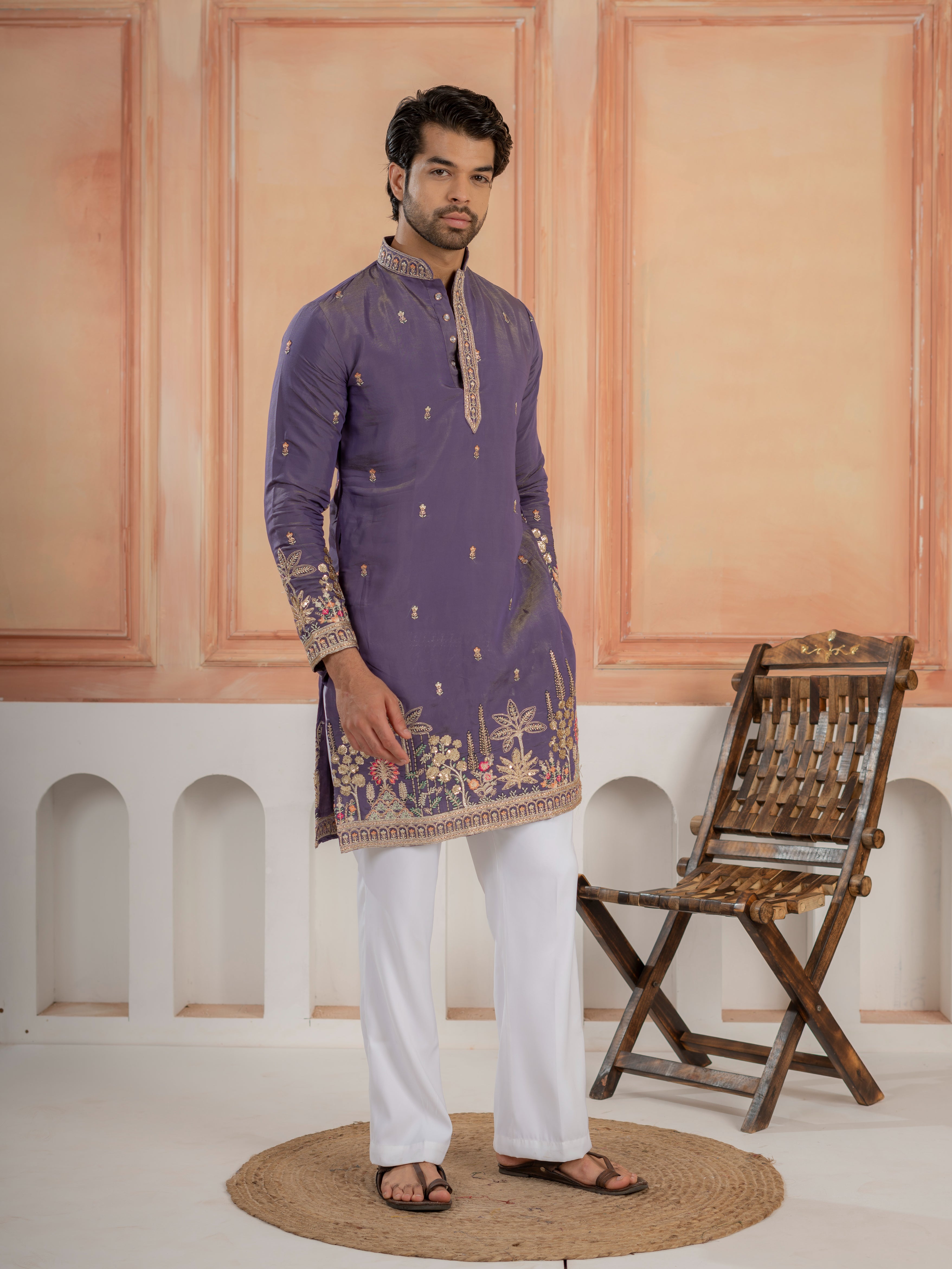Festive Special Purple Roman Shimmer Embroidery Work Kurta Set
