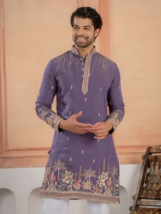 Festive Special Purple Roman Shimmer Embroidery Work Kurta Set