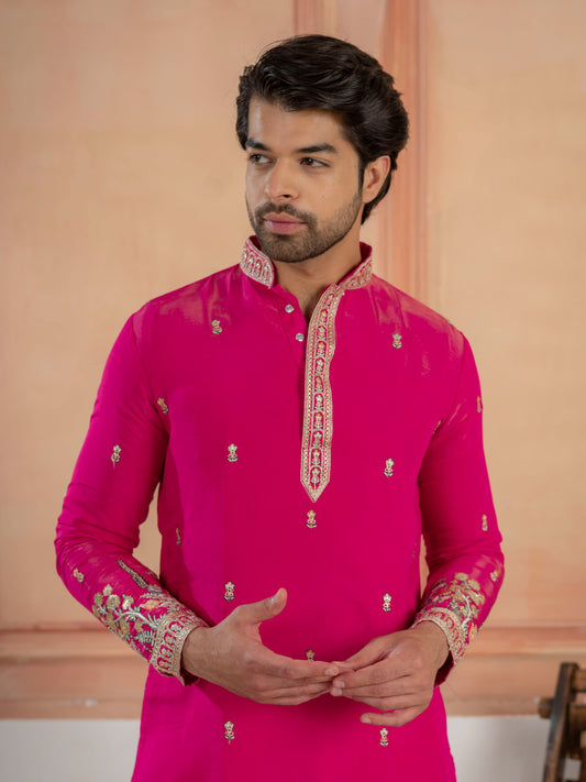 Designer Rani Pink Roman Shimmer Embroidered Kurta Set For Men