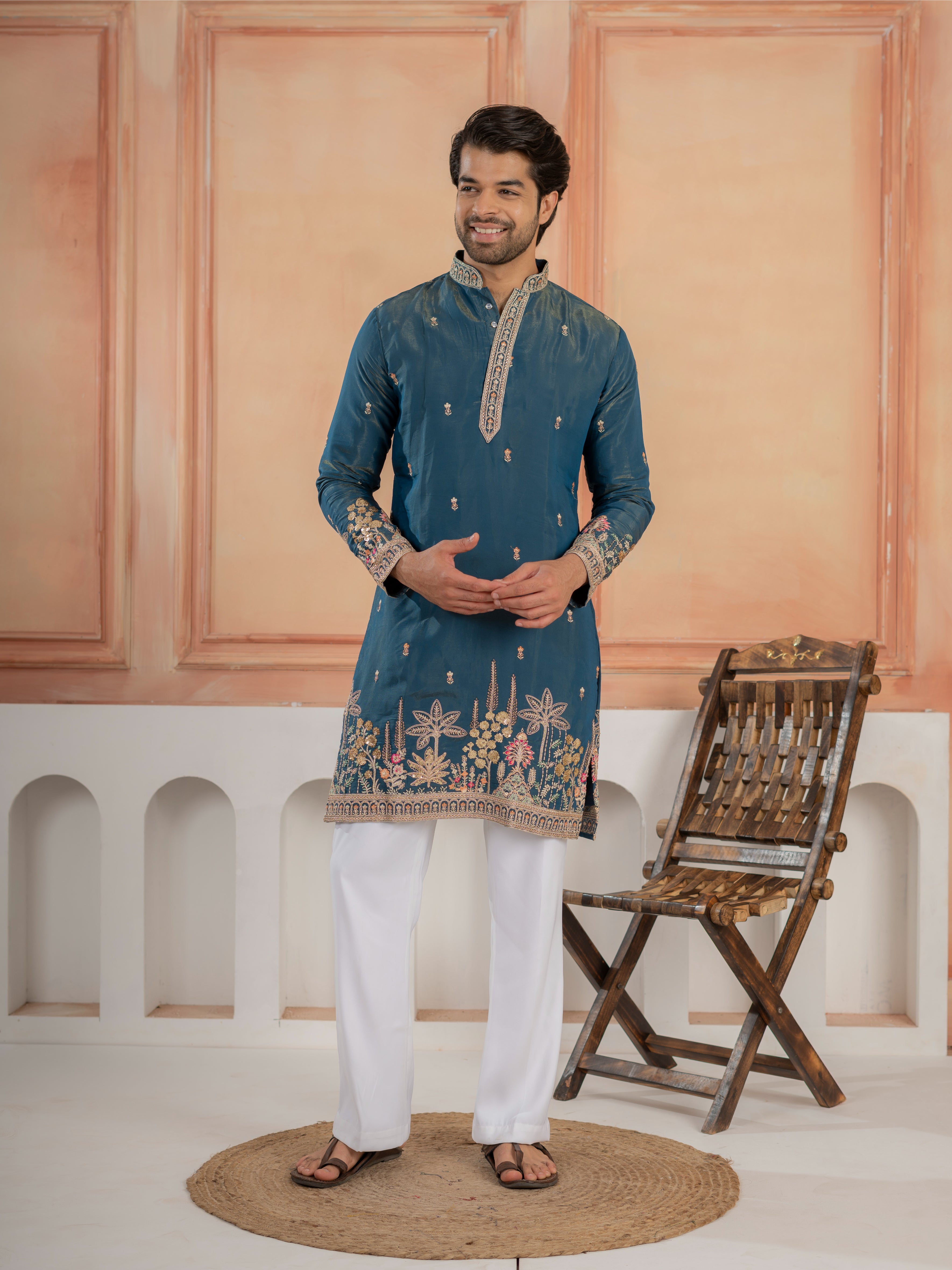 Stylish Teal Blue Roman Shimmer Golden Sequence Work Kurta Set