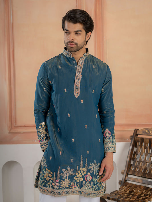 Stylish Teal Blue Roman Shimmer Golden Sequence Work Kurta Set
