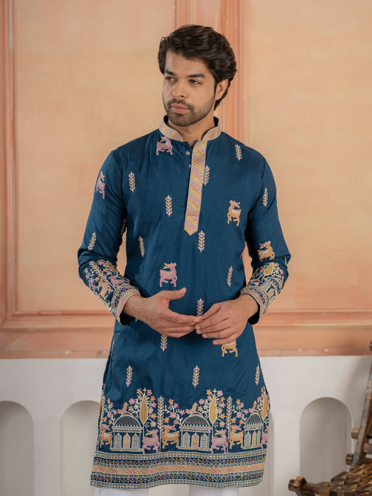 Elegant Teal Blue Soft Silk Embroidery Kurta For Festive Wear