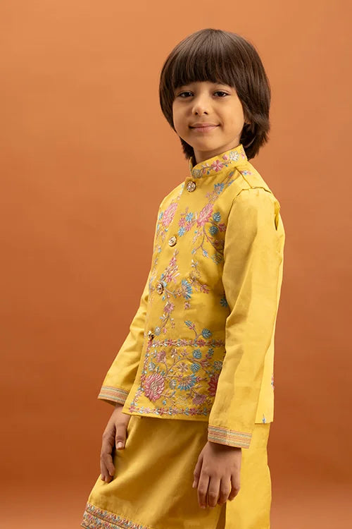 Haldi Celebration Kids Wear Yellow Kurta Pajama with Koti