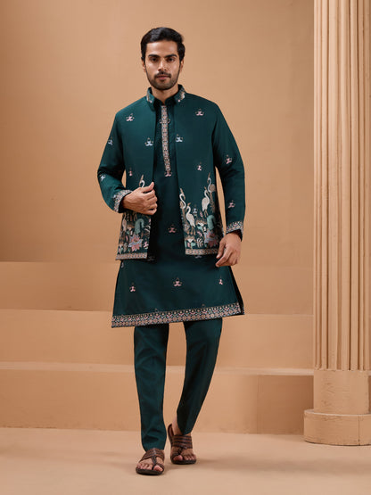 Green Color Embroidered and Sequence Mens Kurta Jacket and Pant Set