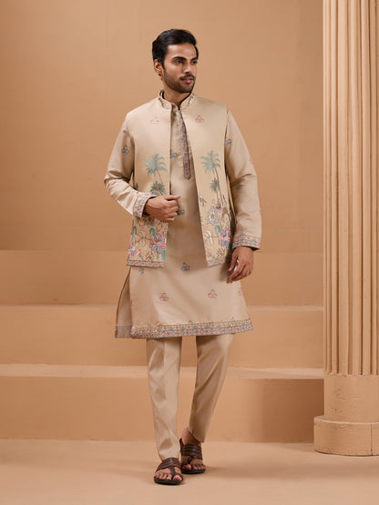 Beige Color Embroidered and Sequence Mens Kurta Jacket and Pant Set