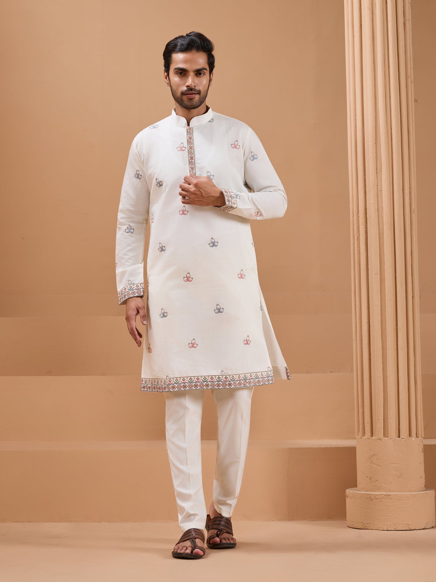 White Color Embroidered and Sequence Mens Kurta Jacket and Pant Set