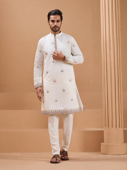 White Color Embroidered and Sequence Mens Kurta Jacket and Pant Set