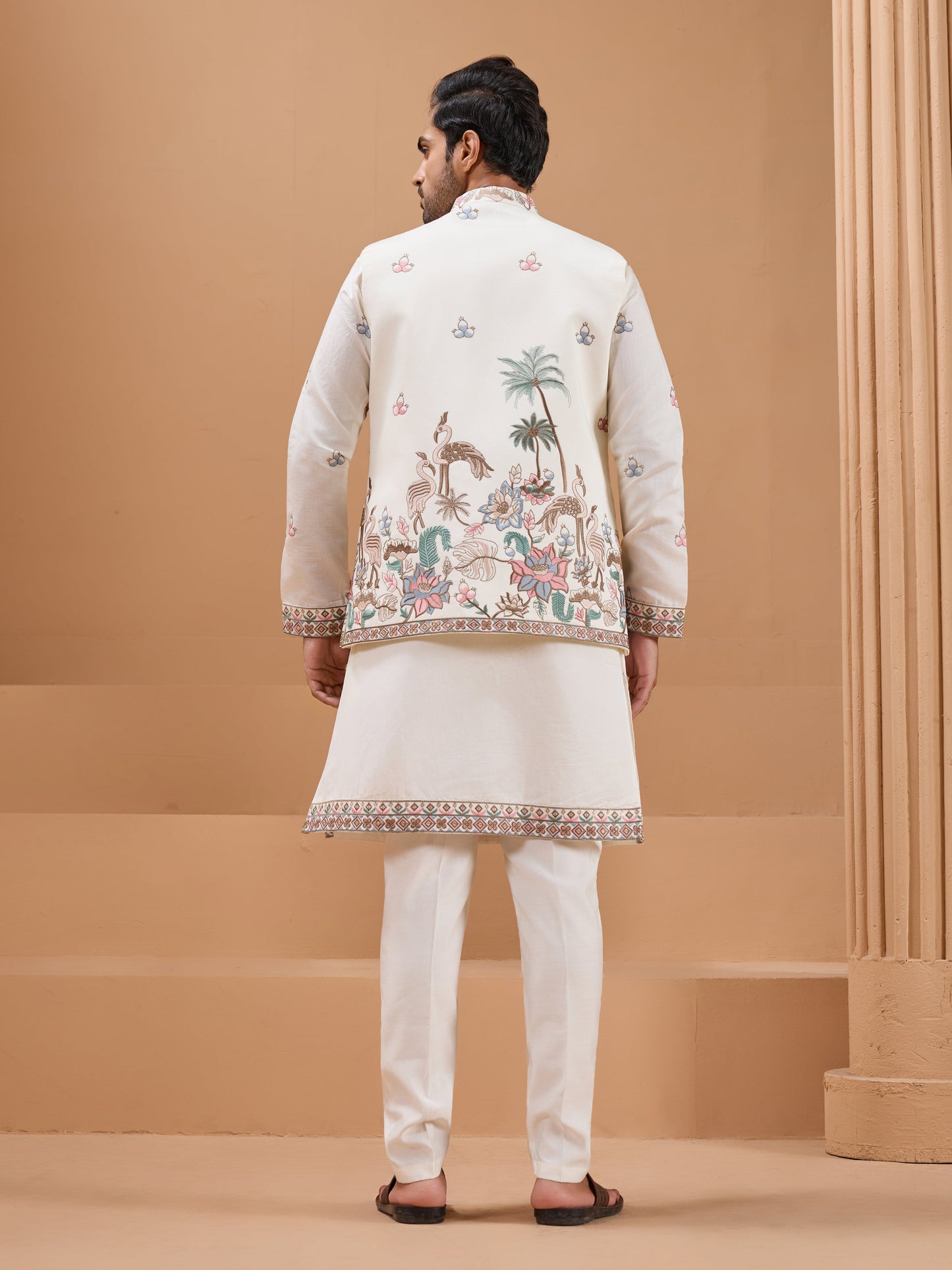 White Color Embroidered and Sequence Mens Kurta Jacket and Pant Set