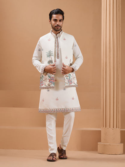 White Color Embroidered and Sequence Mens Kurta Jacket and Pant Set