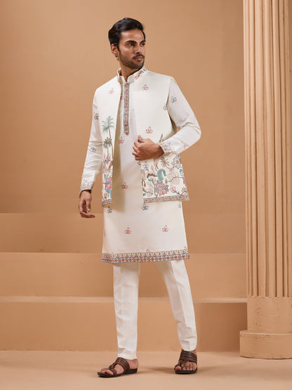 White Color Embroidered and Sequence Mens Kurta Jacket and Pant Set