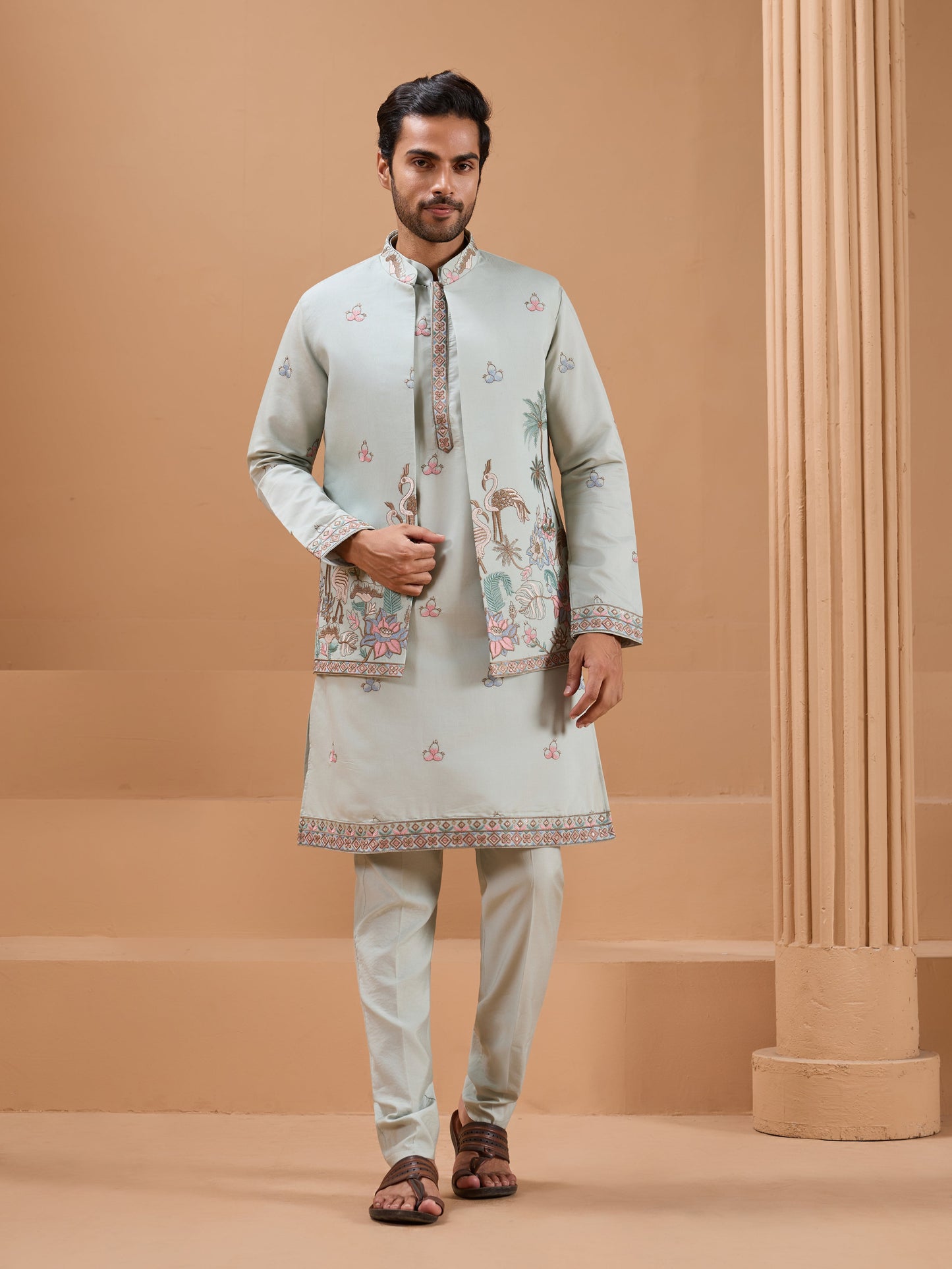 Pista Green Color Embroidered and Sequence Mens Kurta Jacket and Pant Set