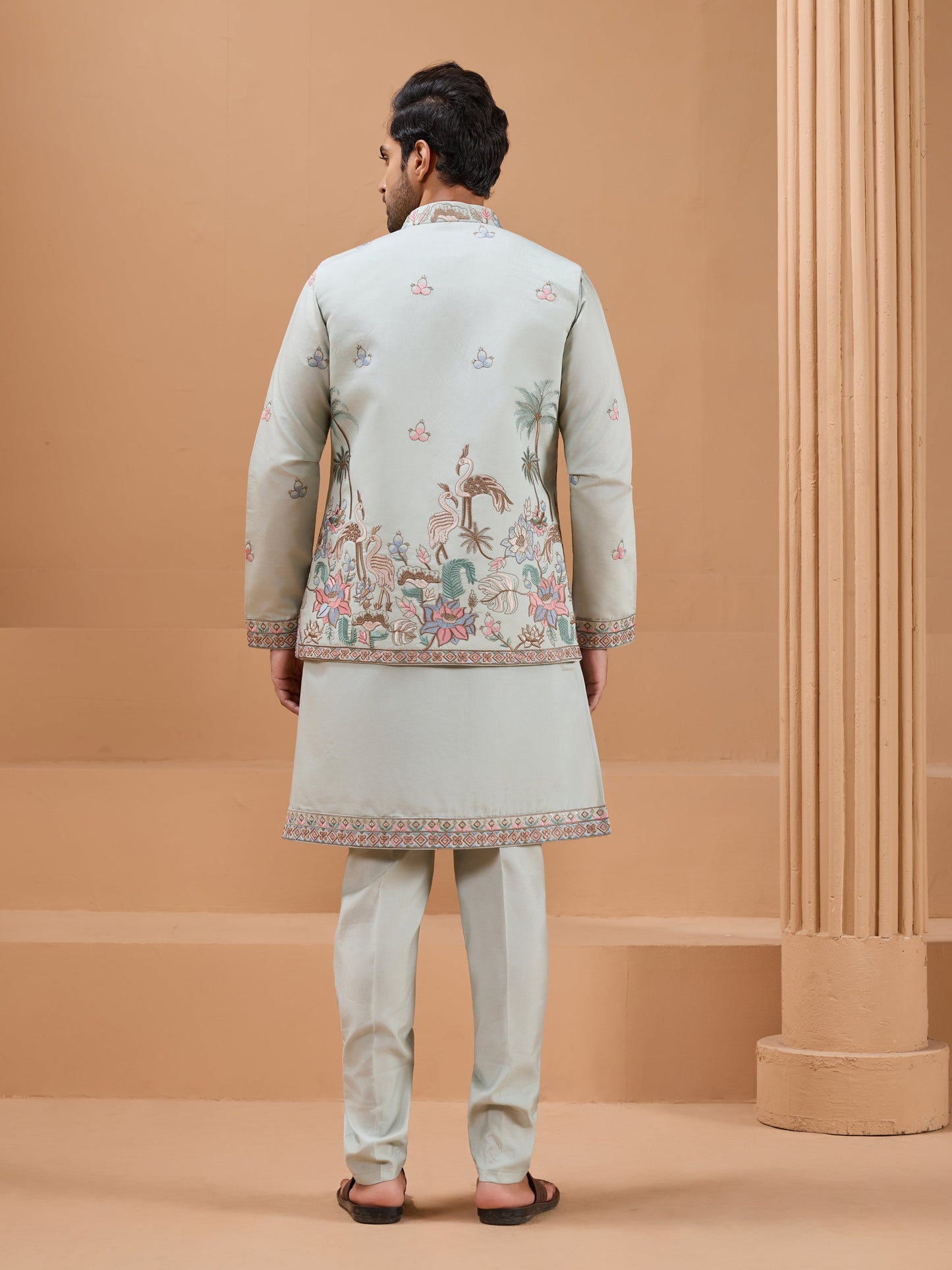 Pista Green Color Embroidered and Sequence Mens Kurta Jacket and Pant Set