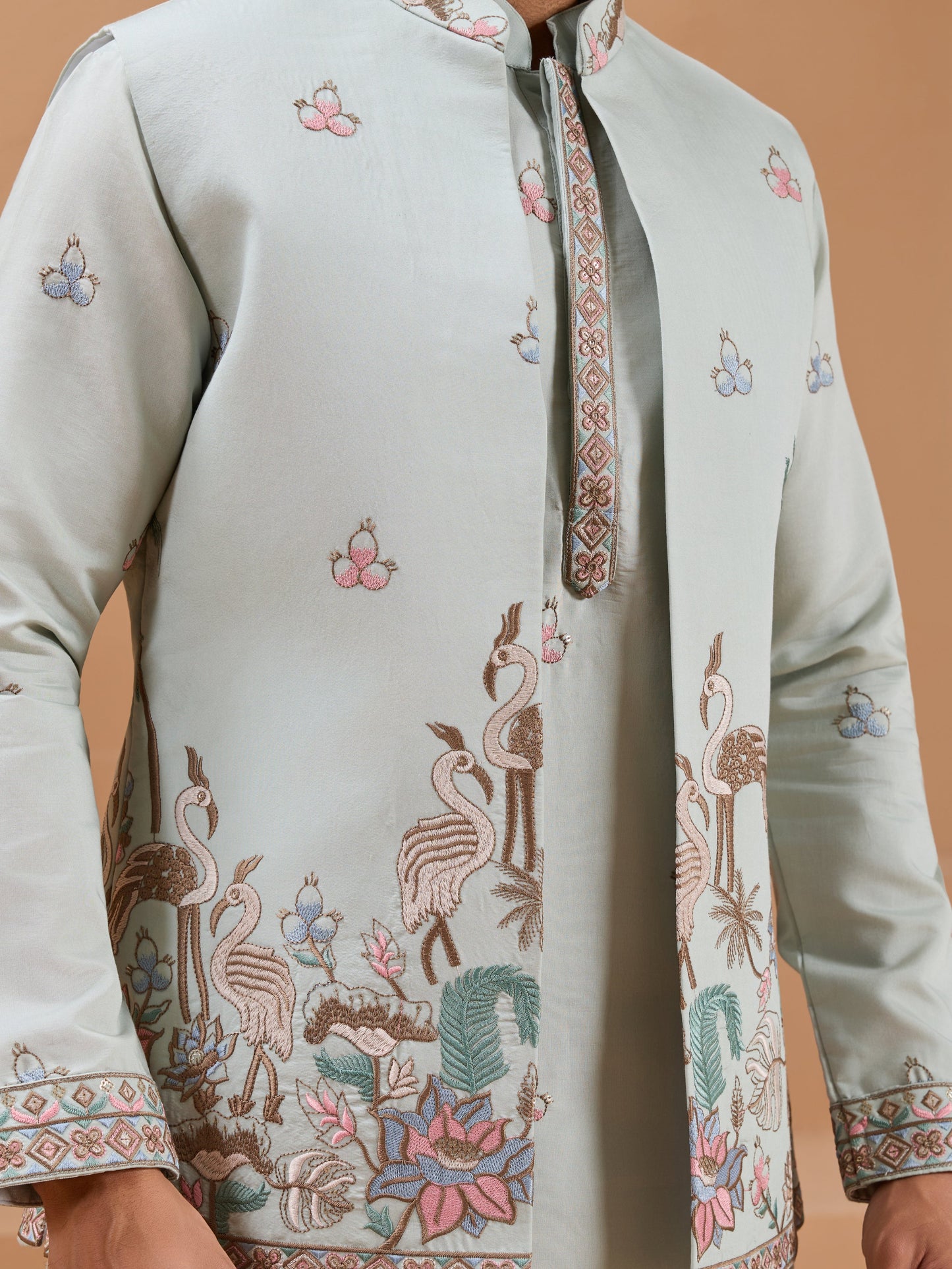 Pista Green Color Embroidered and Sequence Mens Kurta Jacket and Pant Set