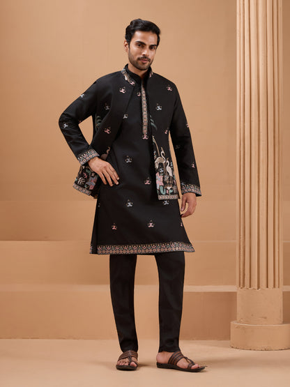 Black Color Embroidered and Sequence Mens Kurta Jacket and Pant Set