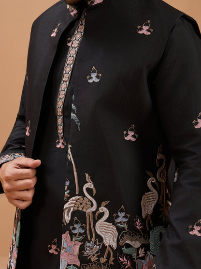 Black Color Embroidered and Sequence Mens Kurta Jacket and Pant Set