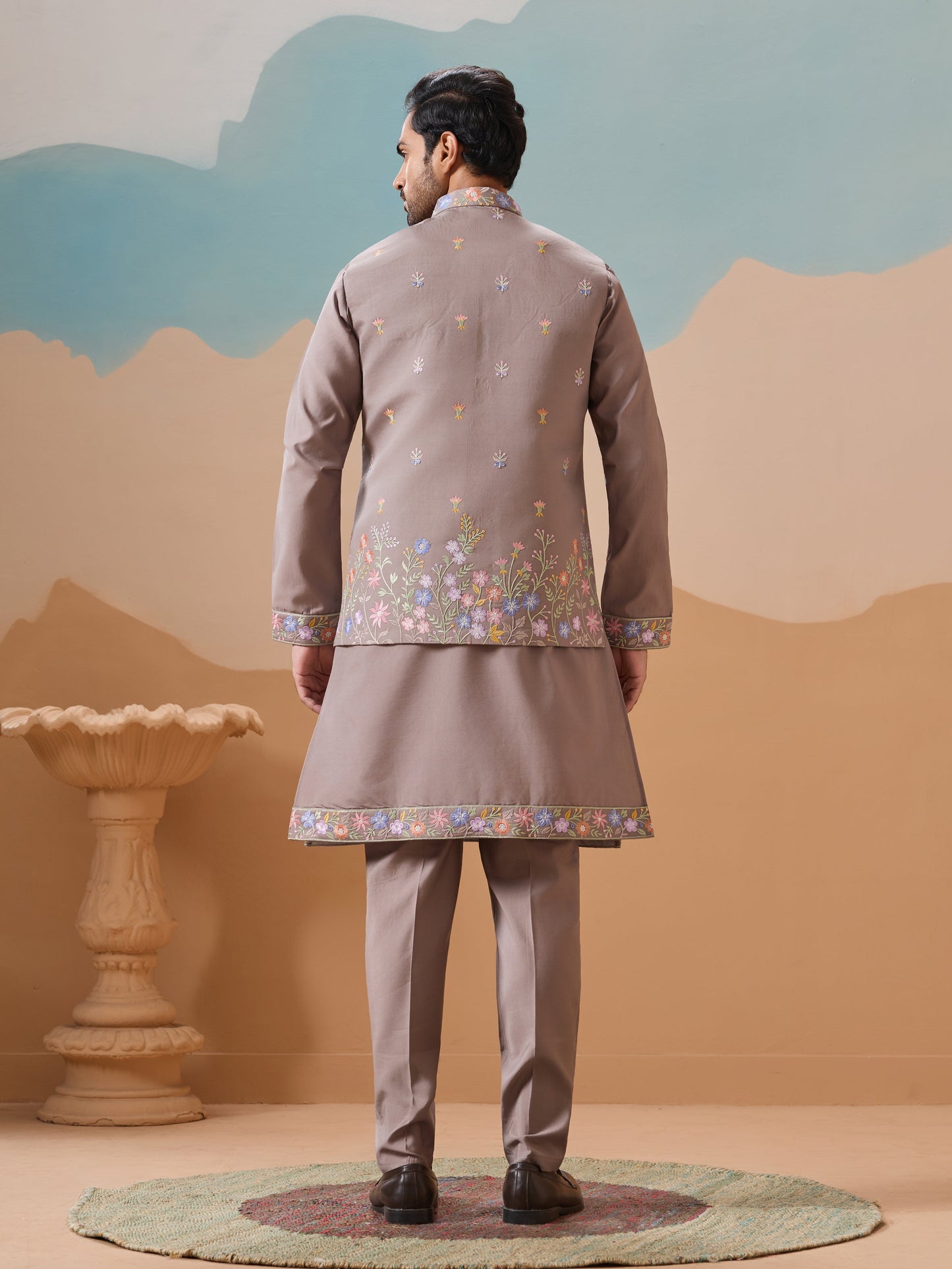 Elegant Grey Embroidered Kurta Jacket and Pant for Mens
