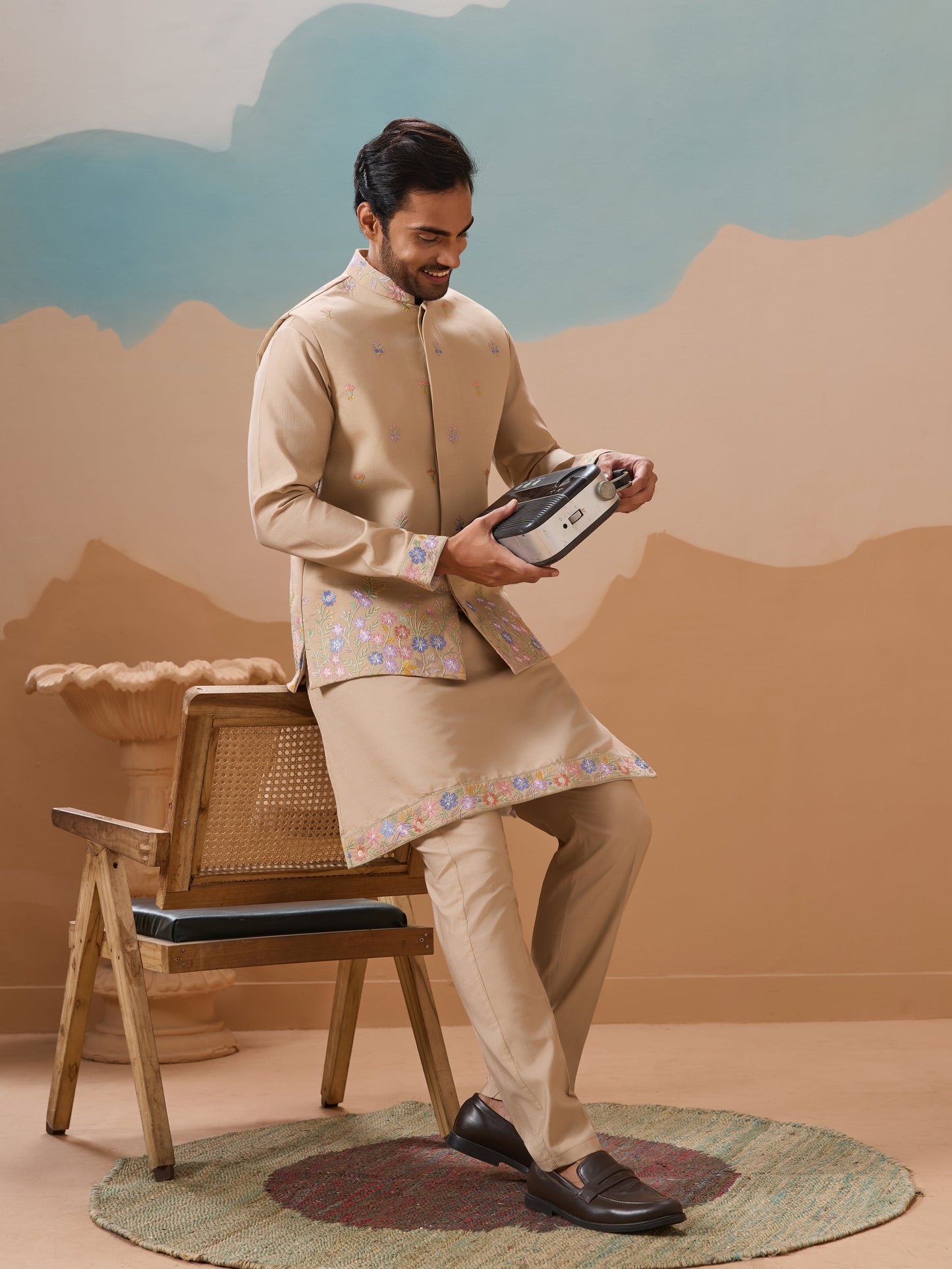 Celebration Beige Kurta Jacket and Pant Wedding Outfit for Men