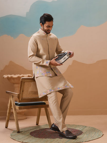 Celebration Beige Kurta Jacket and Pant Wedding Outfit for Men