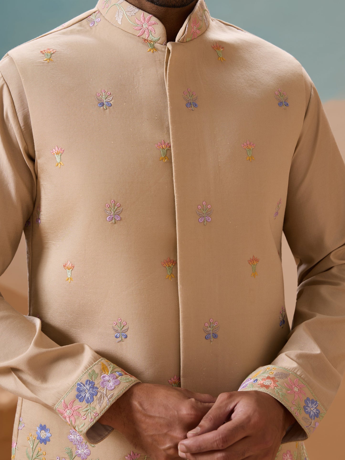 Celebration Beige Kurta Jacket and Pant Wedding Outfit for Men