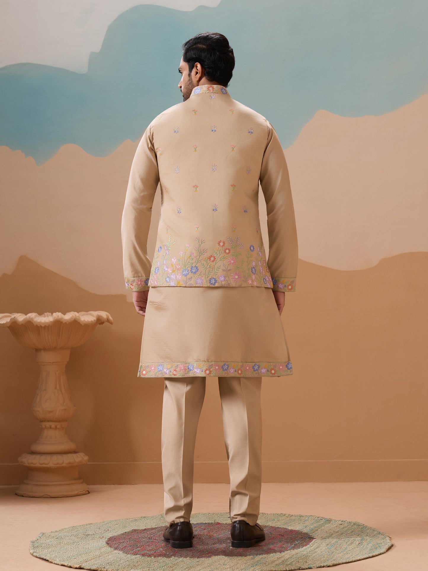 Celebration Beige Kurta Jacket and Pant Wedding Outfit for Men