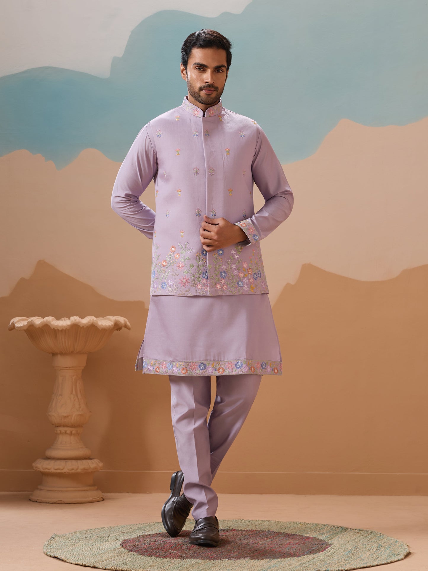 Trendy Lavender Wedding Celebration Kurta Jacket With Pant For Mens