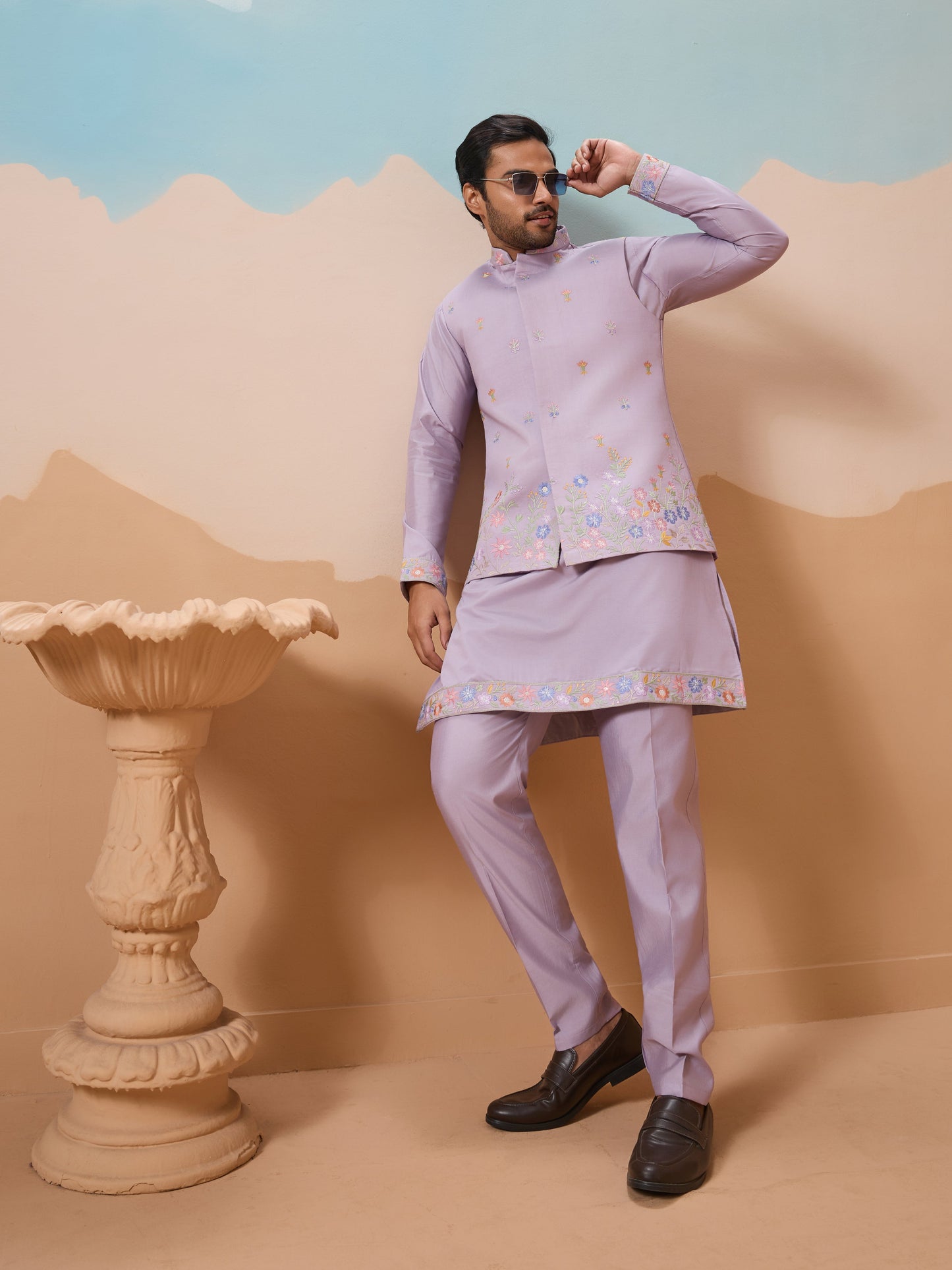 Trendy Lavender Wedding Celebration Kurta Jacket With Pant For Mens