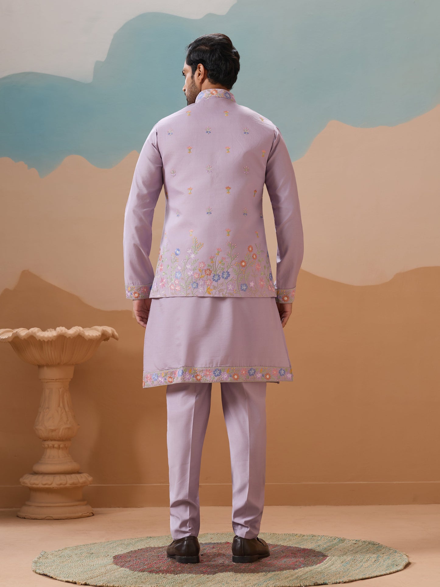 Trendy Lavender Wedding Celebration Kurta Jacket With Pant For Mens