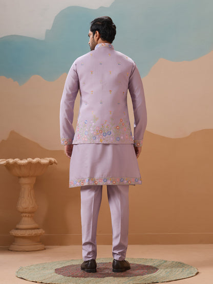 Trendy Lavender Wedding Celebration Kurta Jacket With Pant For Mens