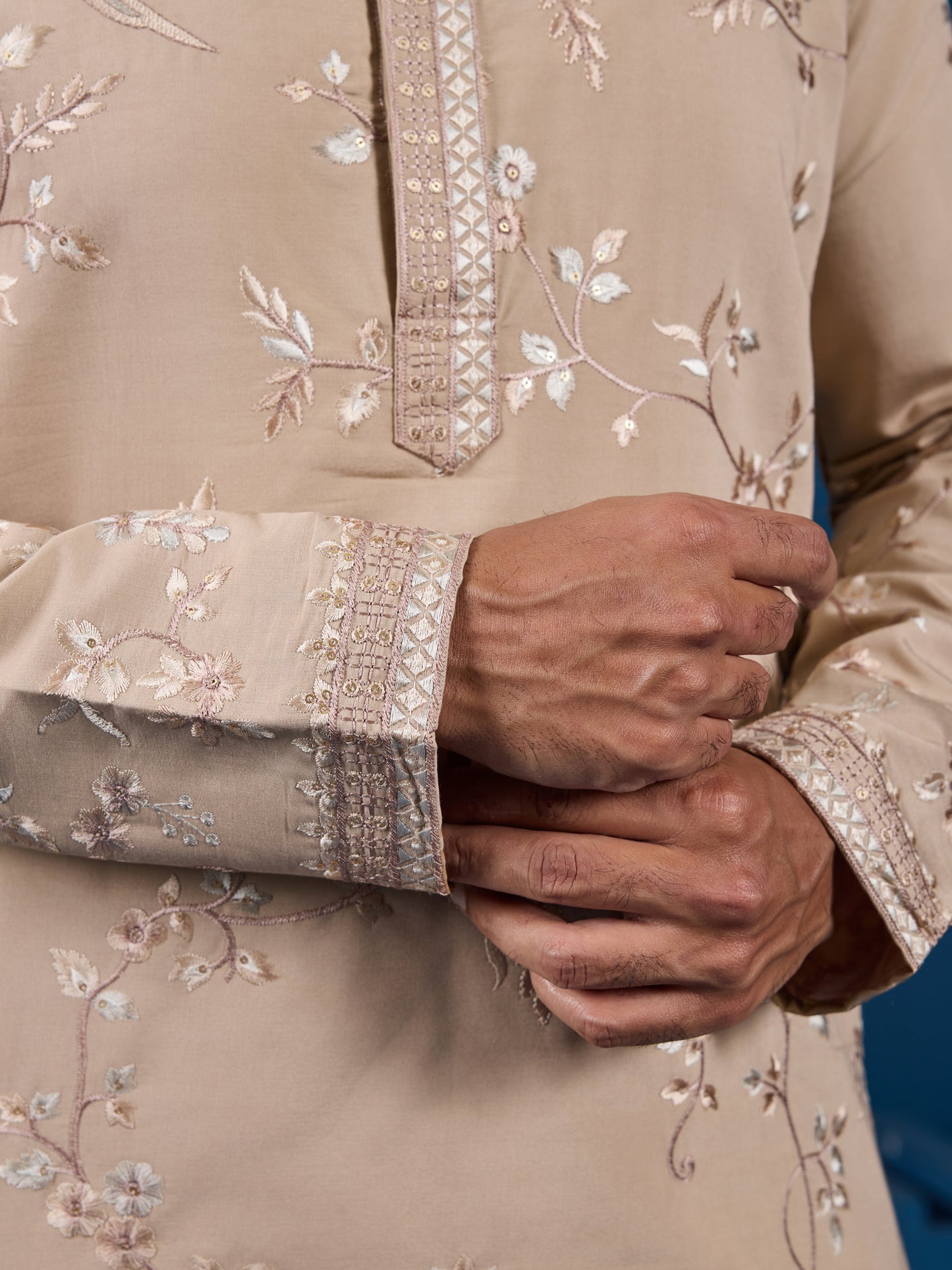 Elegant Beige Embroidered Viscose Silk Kurta for Mens
