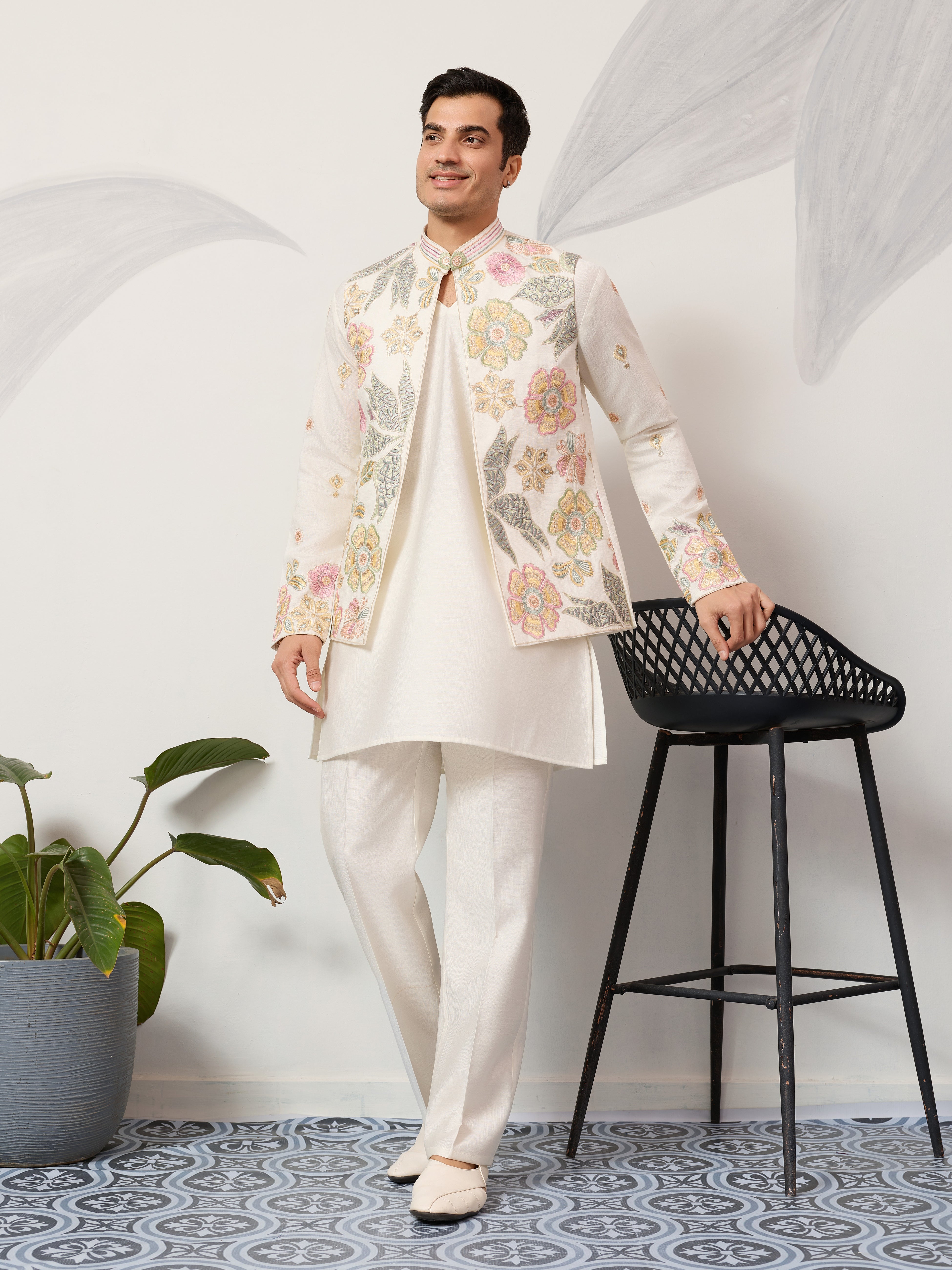 Carnival Function White Koti Kurta Pair for Mens Wear