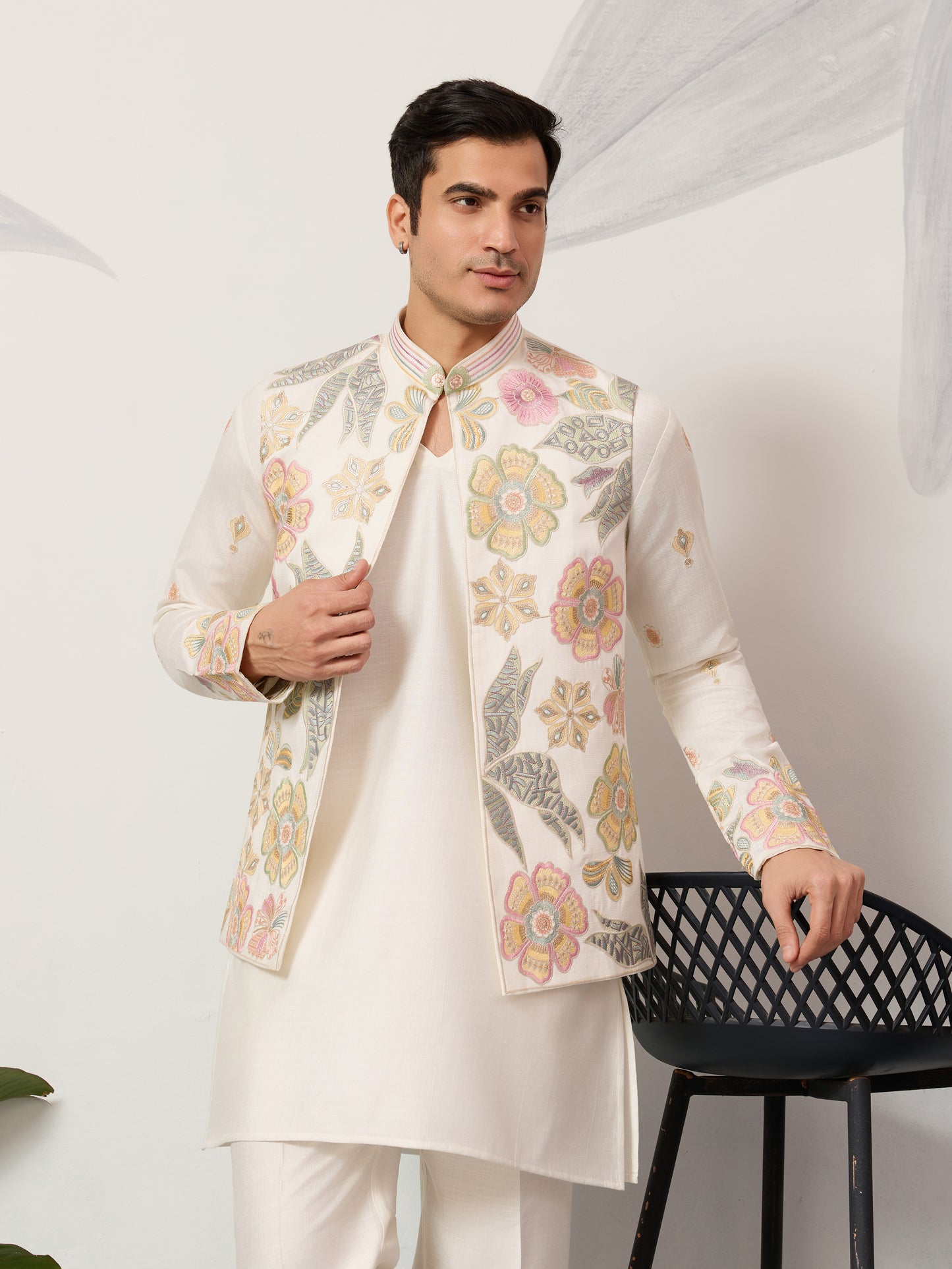 Carnival Function White Koti Kurta Pair for Mens Wear