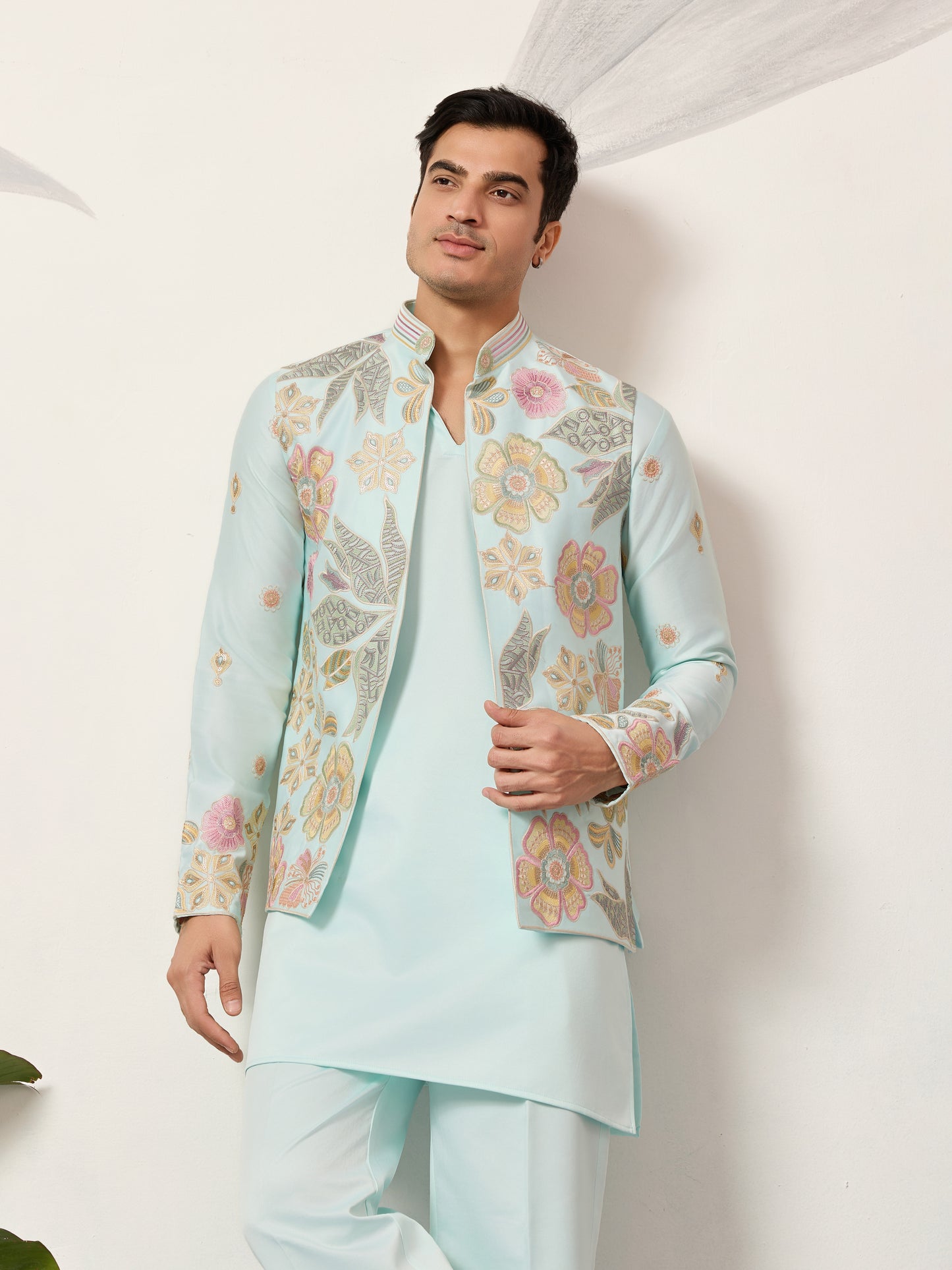 Luxury Wedding & Carnival Wear Pista Green Koti Kurta for Men