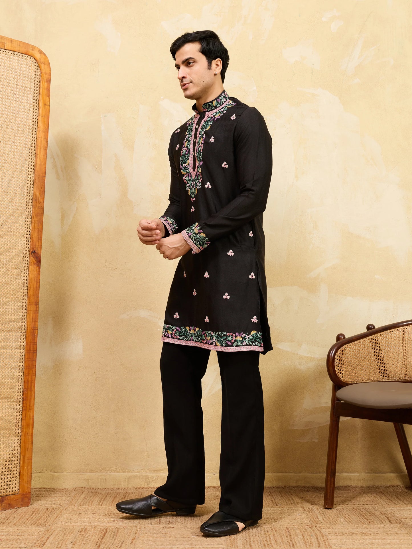 Modern Black Khadi Silk Kurta for Men Perfect for Festive Wear