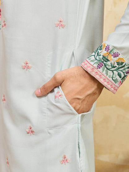 Designer Light Sky Khadi Silk Men’s Kurta With Pant