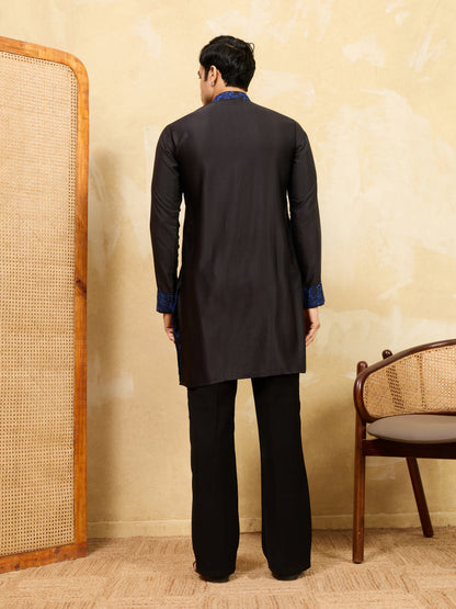 Magic Black Khadi Silk Kurta for Men with Blue Thread Work