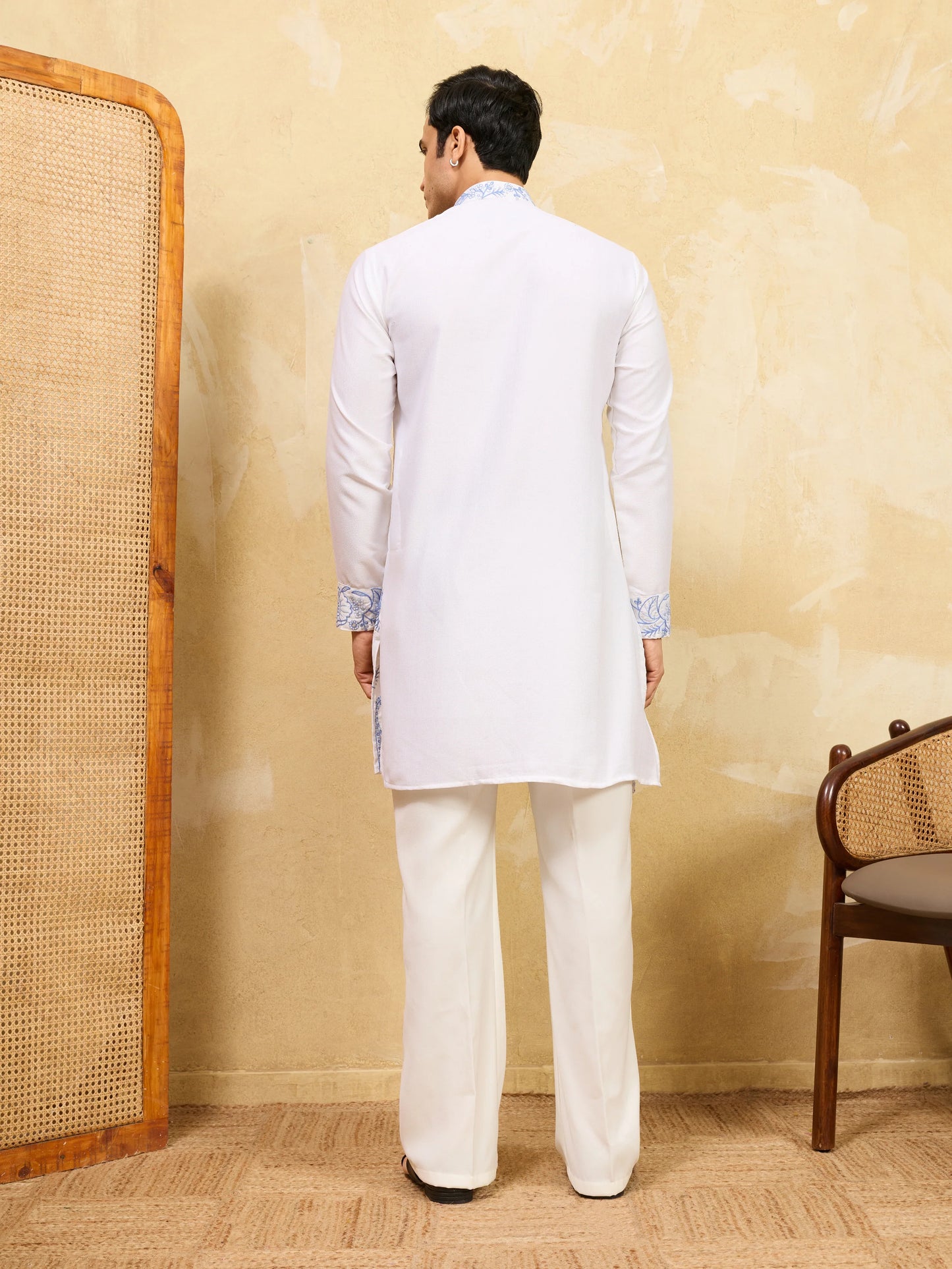 Premium White Khadi Silk Kurta for Men with Blue Thread Work