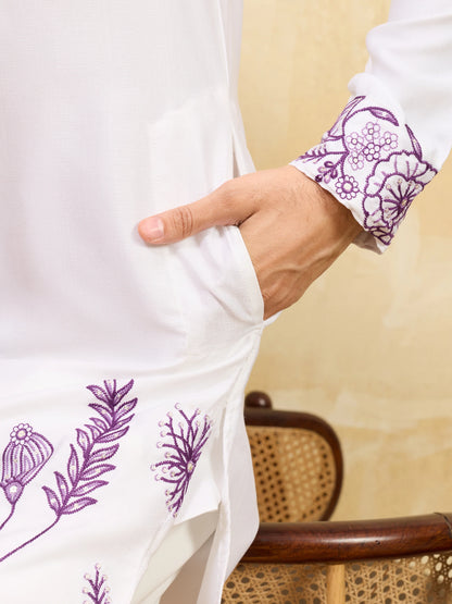 Regal Khadi Silk White Kurta with Purple Thread Work