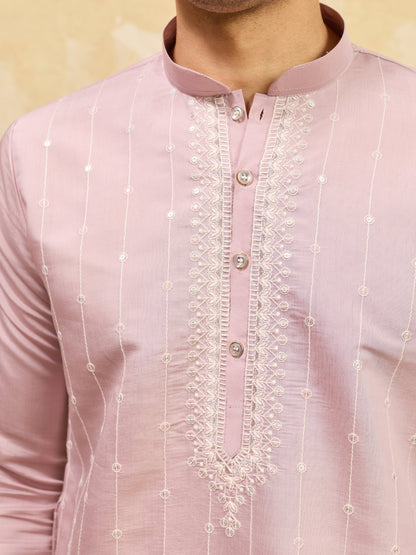 Festive Lavender Viscose Silk Multi-Thread Embroidery Kurta Set