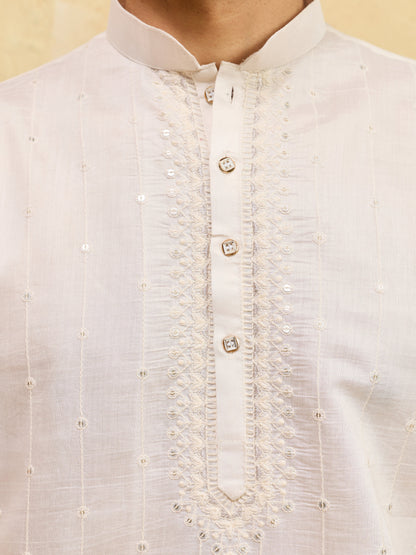 Classic White Viscose Silk Multi-Thread Men’s Kurta Set