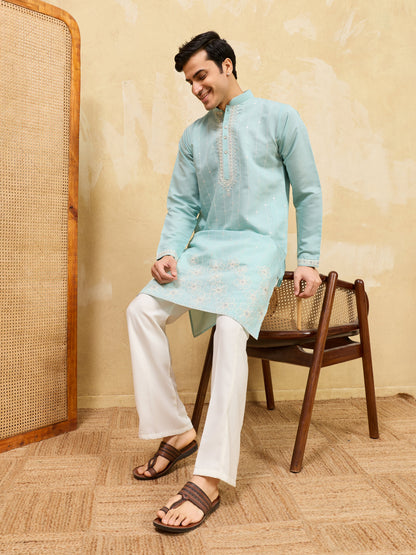 Modern Sky Blue Viscose Silk Fancy Embroidered Men’s Kurta